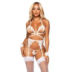 LEG AVENUE Ensemble 4 Pièces Ouvert 81653 Dentelle Blanche & Menottes