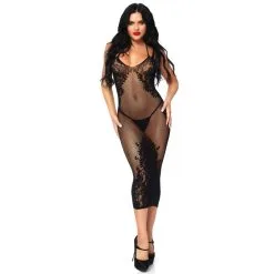 LEG AVENUE Robe Longue En Résille 86064 Avec Dentelle Noire